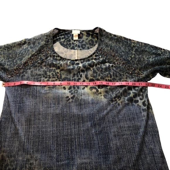 Chico’s Albany Crochet Studded Blue with Green Brown Cheetah Tunic. Size L. EUC - Picture 7 of 11